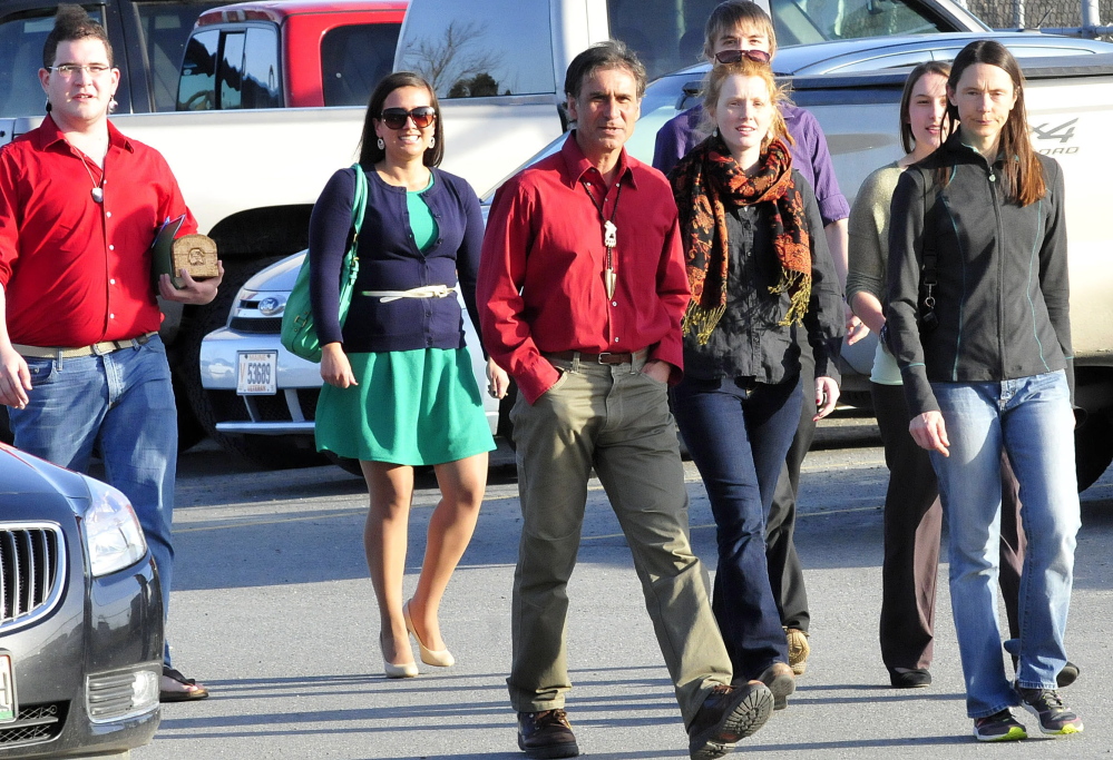 Representatives of Maine’s Wabanaki tribes and others who support stopping ending use of the Indian as the Skowhegan Area High School sports mascot arrive at a Skowhegan meeting on the topic in April. A rally is planned tonight at River Fest in Skowhegan by those who advocate getting rid of the nickname and mascot.