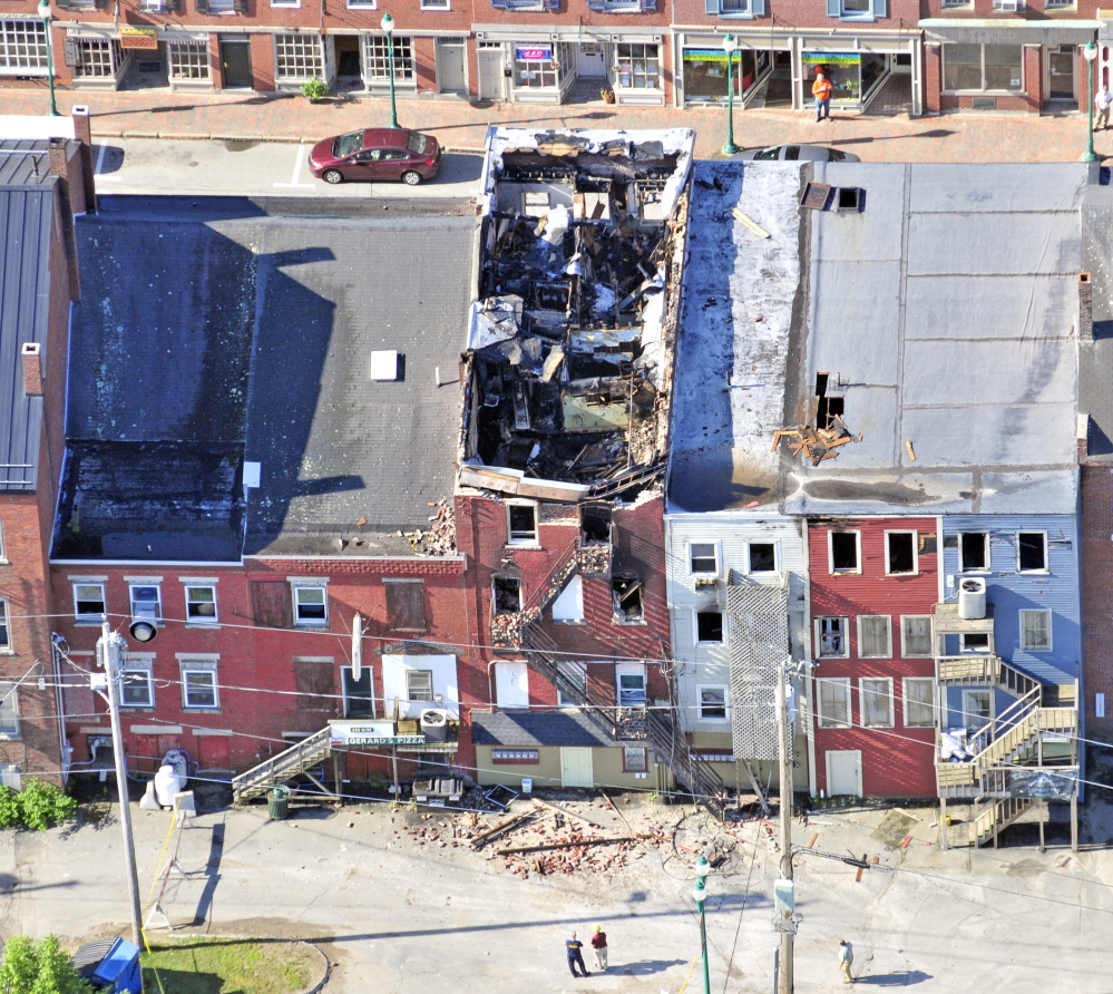 This aerial photo shows the scene on July 17, the morning after the major fire in downtown Gardiner.