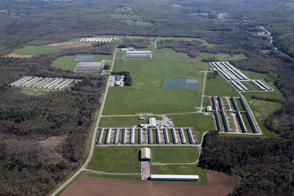 This May 14 aerial view shows Quality Egg Farm of New England, LLC in Turner. Quality Egg was formerly DeCoster Egg Farms.