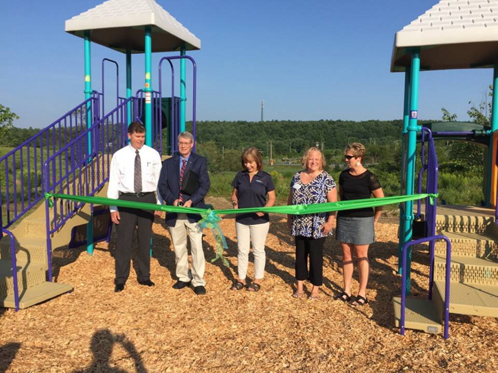 From left, are Chuck Hays, CEO MaineGeneral; Bill Tozier, president of Augusta Kiwanis; Kim Michaud, playground chairwoman; Jill Huard, Kennebec Valley Board of Realtors; and Lynn Oulette, representing Augusta Rotary Club.