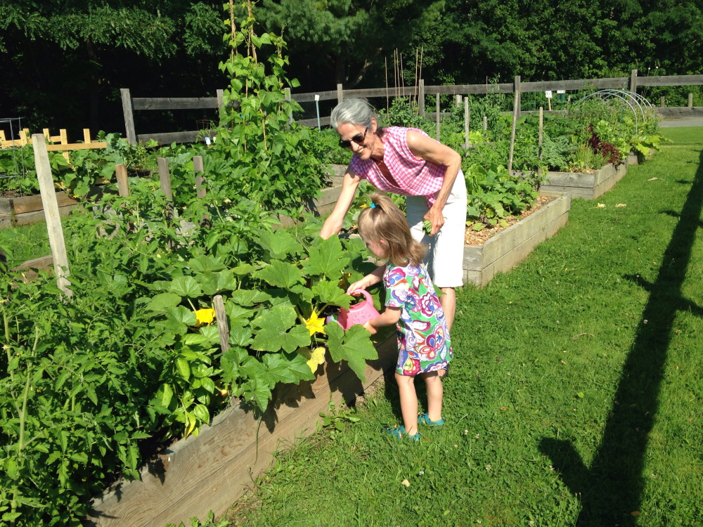 Penny Megan, left, waters one of the gardens recently at North Street community gardens in Waterville with Chryl Cayer.