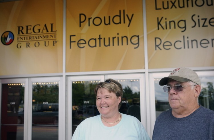 Pat and Ted Weymouth of Monmouth outside the Regal Cinemas in Augusta on Thursday, where they saw the new “Mission: Impossible — Rogue Nation” movie.