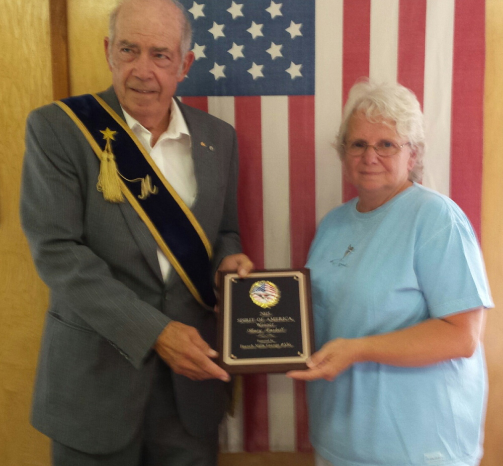 The Spirit of America Award recently was presented to Mary Haskell by Branch Mills Grange 336 Master David Parkman. Haskell was chosen as the recipient of this year’s award to honor her countless volunteer activities in the community.