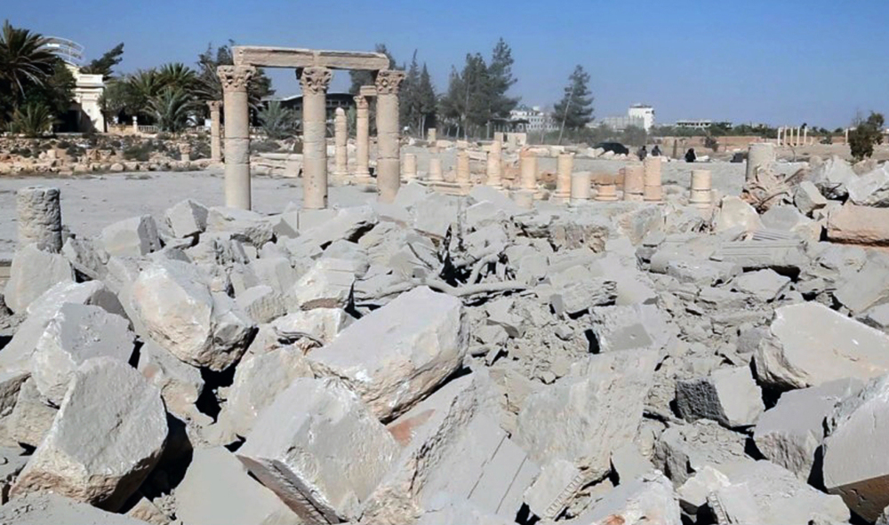 This undated photo released Tuesday, Aug. 25, 2015 on a social media site used by Islamic State militants, which has been verified and is consistent with other AP reporting, shows the demolished 2,000-year-old temple of Baalshamin in Syria’s ancient caravan city of Palmyra.