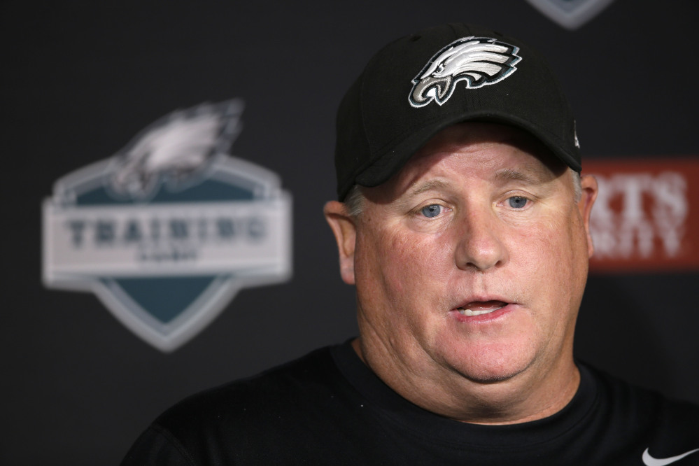 AP photo 
 Philadelphia Eagles head coach Chip Kelly speaks with members of the media during training camp Thursday in Philadelphia.