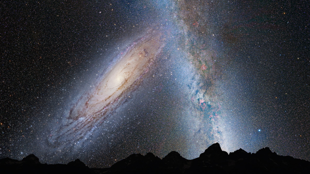 About 3.75 billion years from now, the Andromeda galaxy fills the field of view as seen from Earth.
