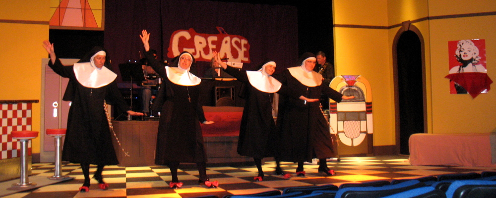 Sisters Amnesia, Hubert, Leo and Robert Anne as they “Tackle That Temptation with a Time Step” in the zany production of Nunsense at the RFA Lakeside Theater on August 28-30. For more information, visit <a href="www.rangeleyarts.org">www.rangeleyarts.org</a>.