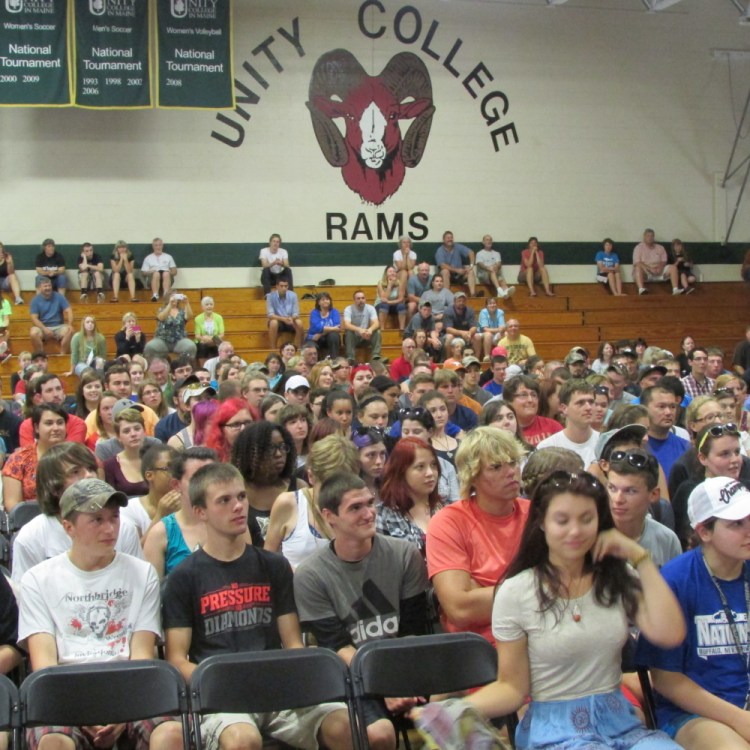 Incoming Unity College freshmen listen to presentations from the staff and professors during the school’s annual convocation Saturday at the college campus.