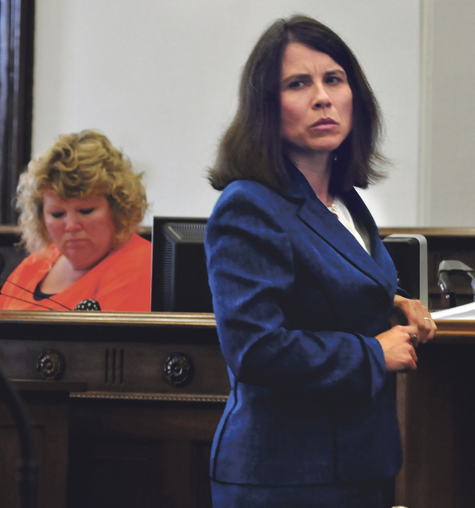 Kennebec and Somerset County District Attorney Maeghan Maloney during opening statements in the trial of Andrew Maderios in Somerset Superior Court in Skowhegan on Monday.