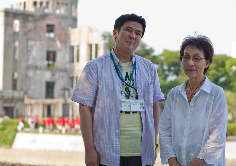 Yasukazu Narahara, left, and Emiko Okada visit Hiroshima Peace Memorial Park in Japan on Tuesday.