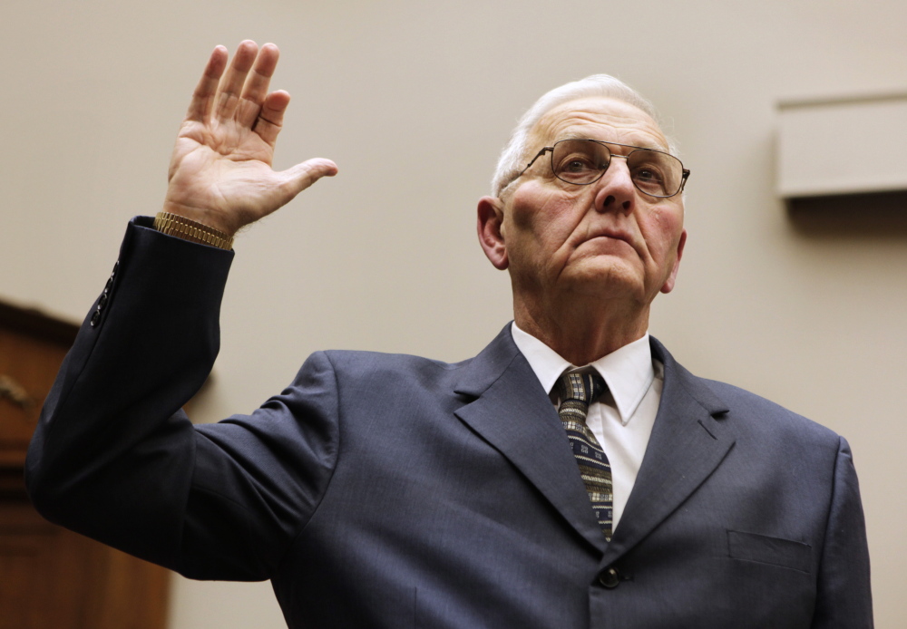 Jack DeCoster is sworn in as he prepares to testify before a U.S. House subcommittee investigating a nationwide salmonella outbreak that may have sickened more than 56,000 people in 2010.