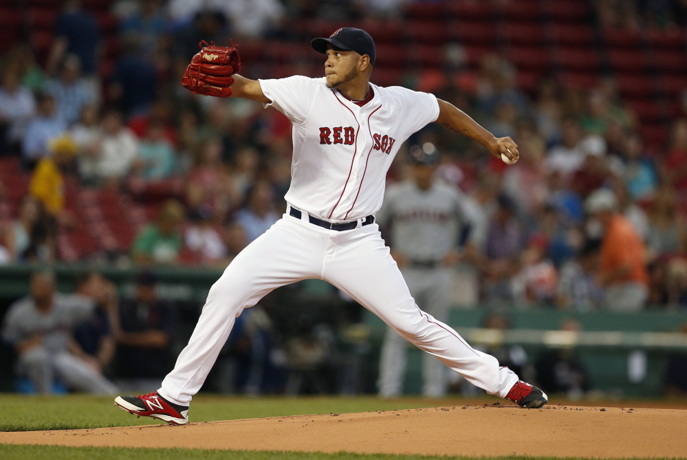 Eduardo Rodriguez of the Boston Red Sox pitches during the first inning of the 9-1 victory Tuesday night against the Cleveland Indians.