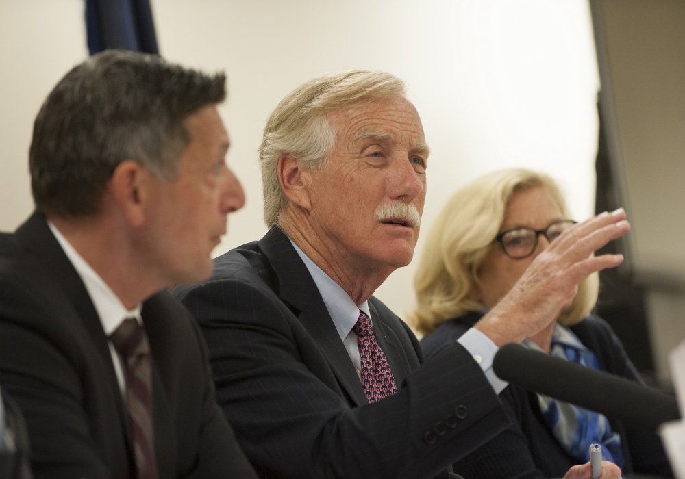 U.S. Sen. Angus King, I-Maine, center, and Director of National Drug Control Policy Michael Botticelli, left, along with U.S. Rep. Chellie Pingree, D-1st District, welcome healthcare providers, law enforcement and people in recovery to a roundtable discussion Tuesday in Brewer.