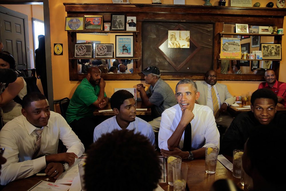 President Obama stops at Willie Mae’s Scotch House in New Orleans for lunch and conversation during his visit Thursday on the 10th anniversary of Hurricane Katrina.