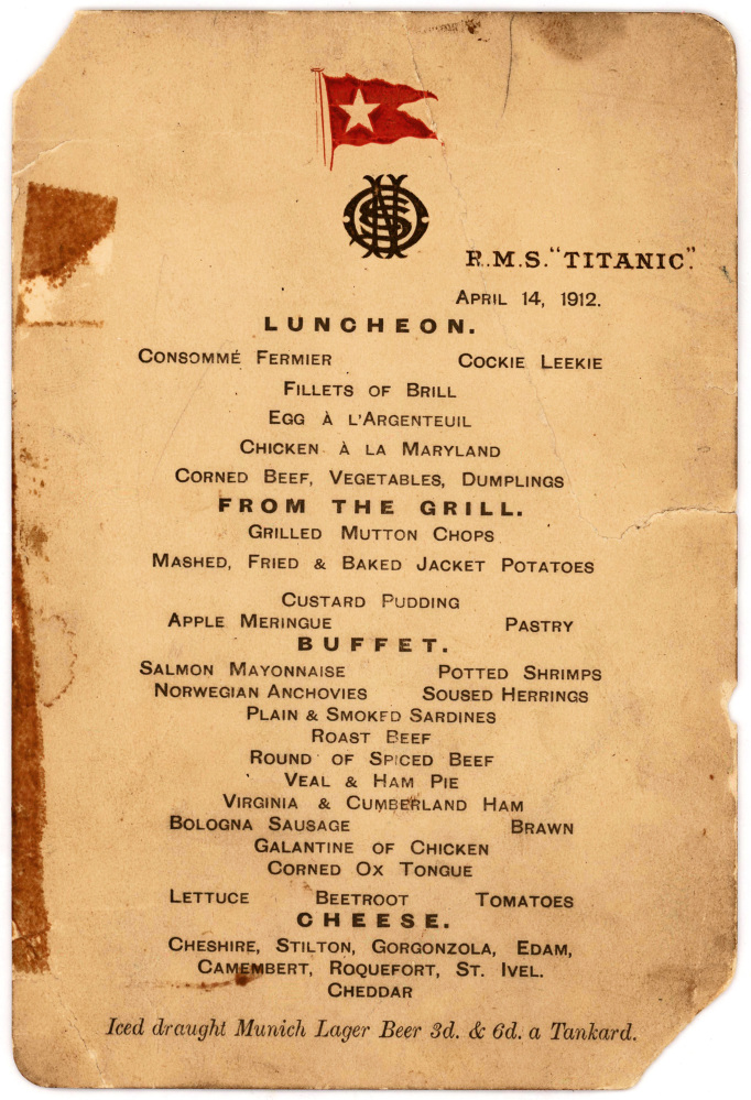 This undated photo provided by Lion Heart Autographs shows the Titanic’s last lunch menu, which is going to auction and is estimated to bring $50,000 to $70,000.