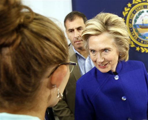 Democratic presidential candidate Hillary Rodham Clinton meets voters during a campaign stop at River Valley Community College Tuesday in Claremont, N.H. The Associated Press