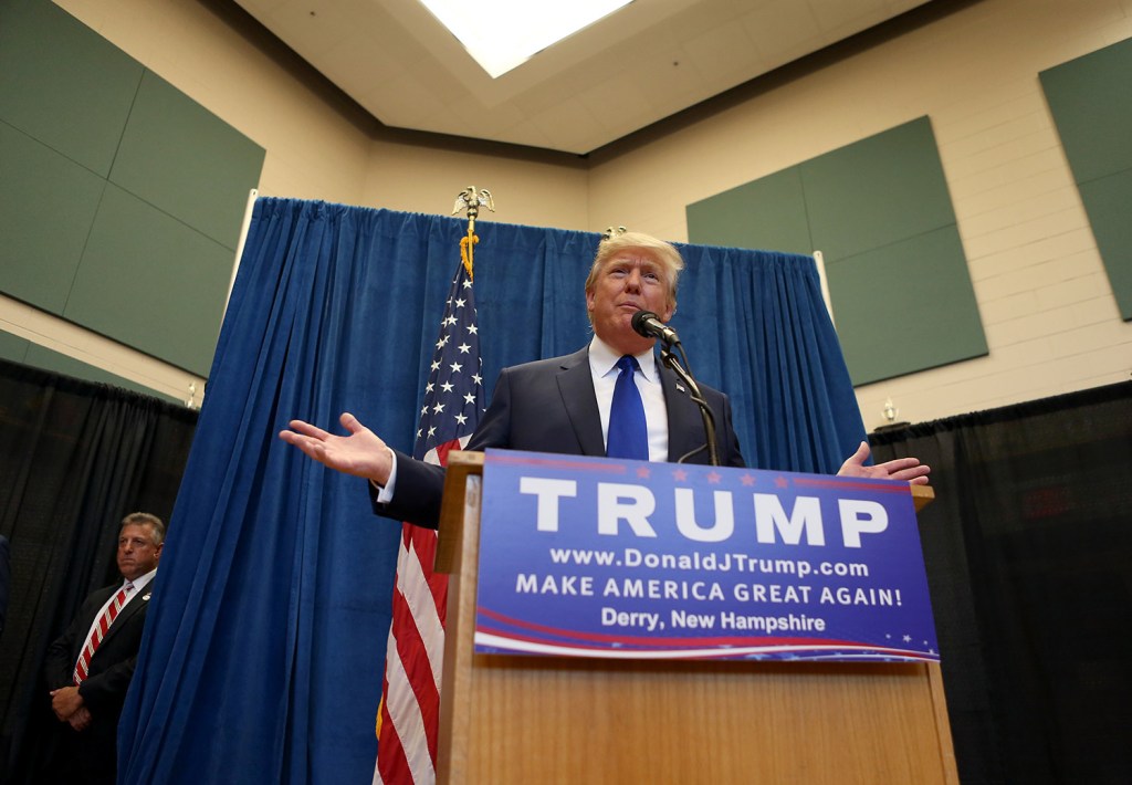 Republican presidential candidate and businessman Donald Trump speaks to the media at Pinkerton Academy in Derry, N.H. 