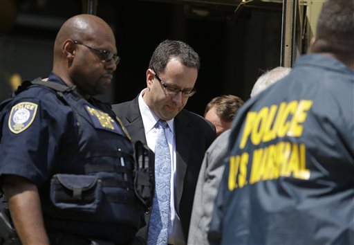 Jared Fogle leaves the Federal Courthouse in Indianapolis Wednesday, following a hearing on child-pornography charges. The Associated Press