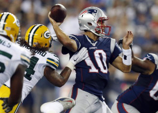 Jimmy Garoppolo completed 20 of 30 passes for 159 yards Thursday night for the New England Patriots, but wasn’t helped by his teammates. With the starters not playing, Garoppolo was sacked seven times, but also made mistakes of his own. The Associated Press