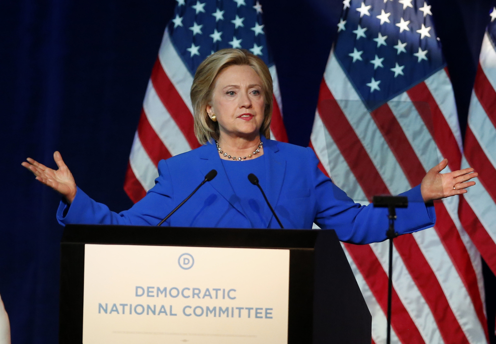 In this Aug. 28, 2015 file photo, Democratic presidential candidate, Hillary Rodham Clinton, addresses the summer meeting of the Democratic National Committee in Minneapolis.