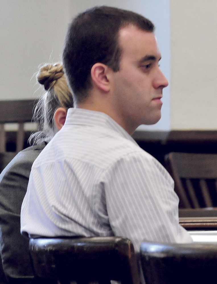 Defendant Andrew Maderios listens to attorneys during opening statements in Somerset County Superior Court in Skowhegan on Monday. Tuesday was the second day of the trial, which is expected to conclude Friday.