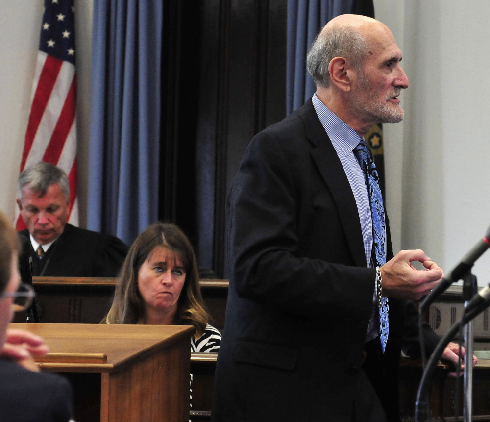 Defense attorney Leonard Sharon speaks to jurors during Andrew Maderios’ trial in Somerset County Superior Court in Skowhegan on Monday. Sharon told the jury Tuesday that Maderios’ former girlfriend’s charges of abuse were actually a plan to set him up.