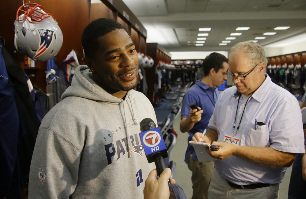 AP photo
New England Patriots cornerback Malcolm Butler grins as he is asked once again about his game saving interception in Super Bowl XLIX during media availability in the team’s locker room Tuesdayin Foxborough, Mass.