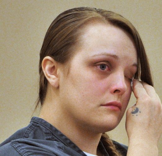 Alyssa Marcellino wipes her eyes during a sentencing for a number of charges including operating after suspension, causing a fatal accident in Monmouth, and other charges on Wednesday at the Capital Judicial Center in Augusta.