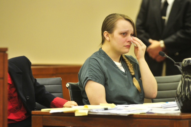 Alyssa Marcellino, 24, wipes away a tear Wednesday during a sentencing hearing in which she was sentenced to 32 months in prison for causing the death of Joan Fortier, 67, in a traffic accident in March 2014.