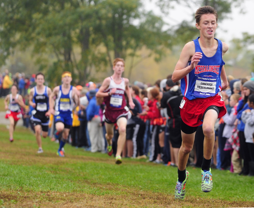 Staff file photo by Joe Phelan 
 Messalonskee's Owen Concaugh runs at the Festival of Champions last October in Belfast. The senior returns this season to lead a strong Eagles squad.