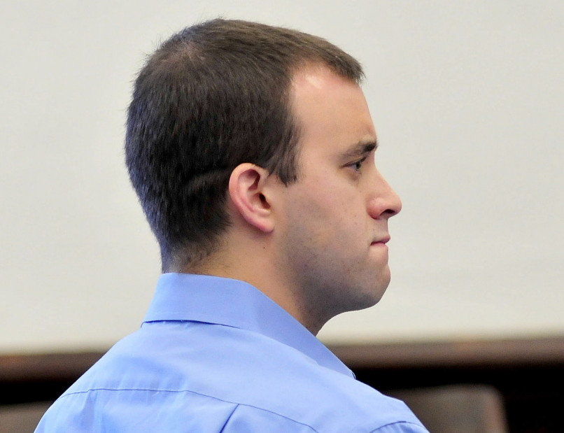 Defendant Andrew Maderios listens as audio tapes are played to jurors of an alleged attack on a former girlfriend during closing statements in Somerset County Superior Court in Skowhegan on Friday.