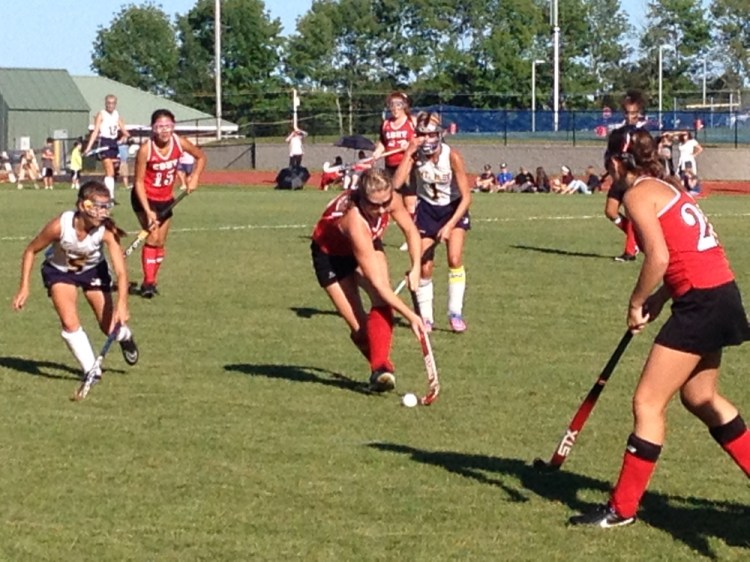 Staff photo by Evan Crawley 
 The Cony and Mt. Blue field hockey teams met Friday afternoon in Farmington. Cony, after a tough loss in the opener against Messalonskee, prevailed 1-0.