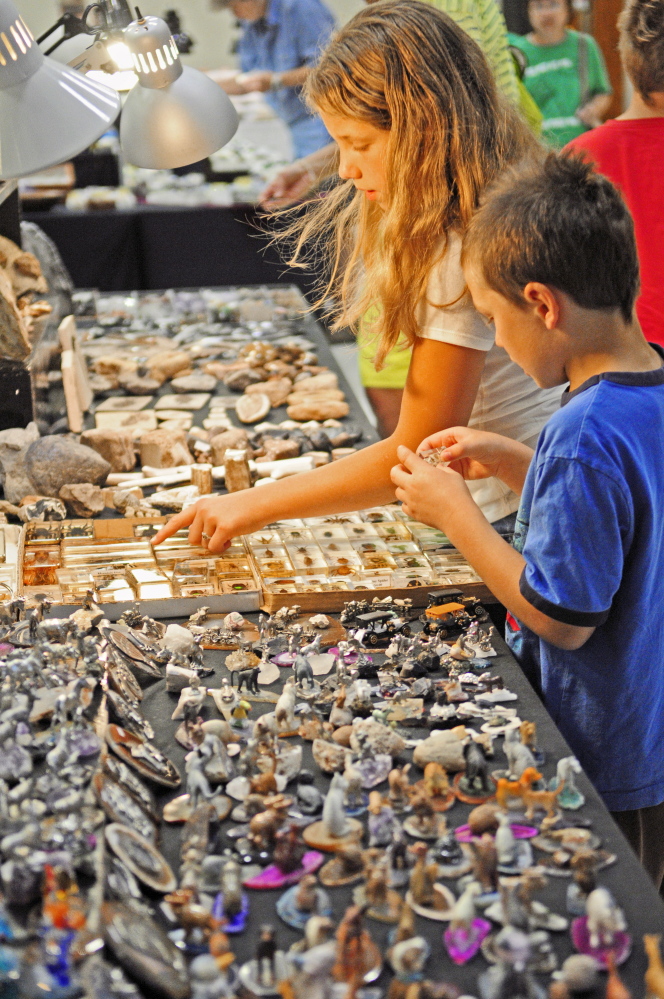 Cousins Molly Nichols, 11, of West Gardiner, left, and Seth Nichols, 6, of Gardiner, look at sharks’ teeth and fossils Saturday during the Rockhounders 26th Annual Gem and Mineral Show at the Augusta State Armory.