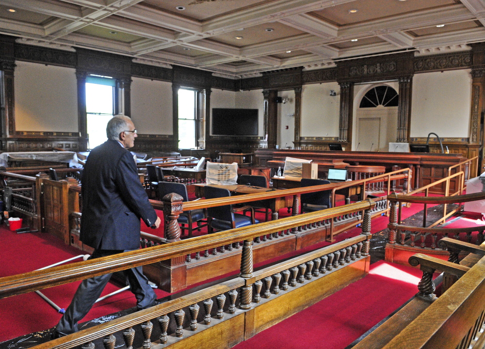 Supreme Court Justice Joseph Jabar leads a tour Thursday of the recently renovated old courtroom in the Kennebec County Courthouse in Augusta.