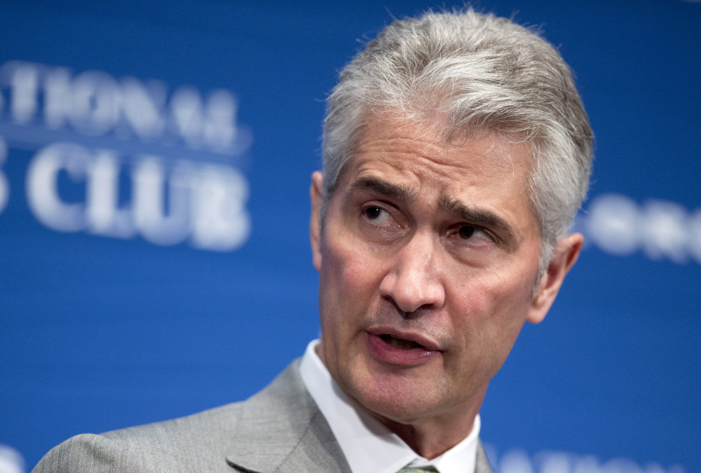 In this May 15, 2015, file photo, United Airlines Chairman, President and Chief Executive Officer Jeff Smisek, speaks during a panel discussion on unfair international competition at the National Press Club in Washington.