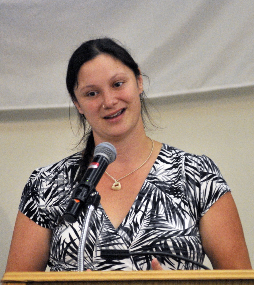 Sarah Gaffney, of Vassalboro, speaks during the United Way of Kennebec Valley kickoff breakfast on Thursday at the Augusta Civic Center. She and her daughter Zoe Gaffney were featured in the annual campaign video about how they were helped by agencies funded by the United Way.