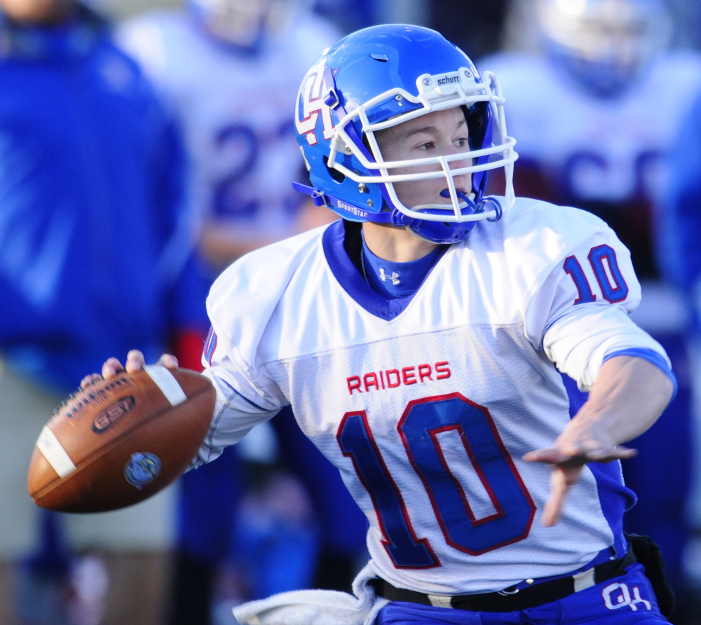Staff file photo by Joe Phelan
Oak Hill quarterback Dalton Therrien prepares to throw a pass during the Class D state game against Maine Central Institute last November. Therrien and the Raiders host Dirigo on Saturday in a key Southern D Campbell Conference game.