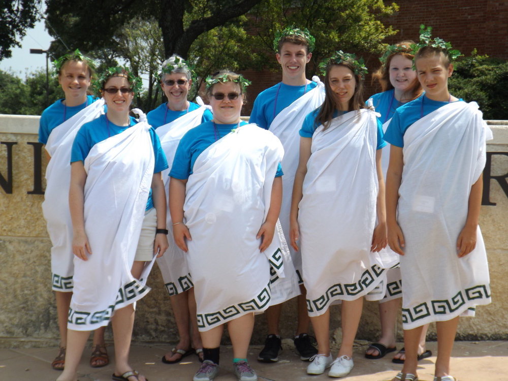 “The Day in Old Rome, Tiber Riverwalk” day: In front, from left, are Sarah Moore, Teresa Easterbrooks, Natalie Hodgman and Evan Gaudette. In back, from left, are Siana Emery, Meg Cook, Connor Kreider and Sarah Truman.