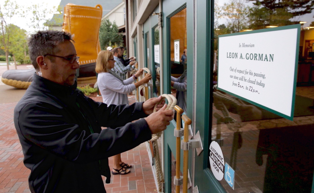 Assistant store manager Matthew Hamly is one of four L.L. Bean employees ceremoniously closing the flagship store in Freeport. The store, which famously doesn’t have locks, was closed with lengths of rope tied with an overhand knot.