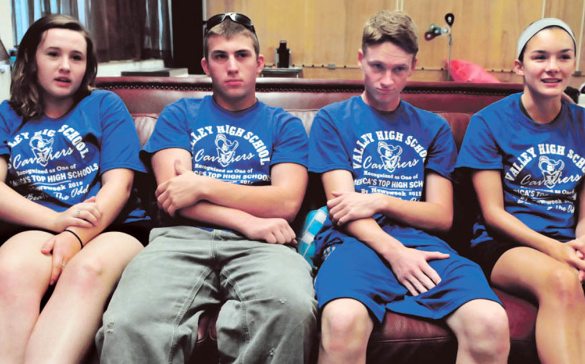 Upper Kennebec Valley Memorial High School seniors speak about the school’s recent recognition by Newsweek as one of four Maine schools that earned Beating the Odds status for how they prepare low-income students for college. From left are Jordan Belanger, Jeffrey McKenzie, Luke Malloy and Charlie Savoy.