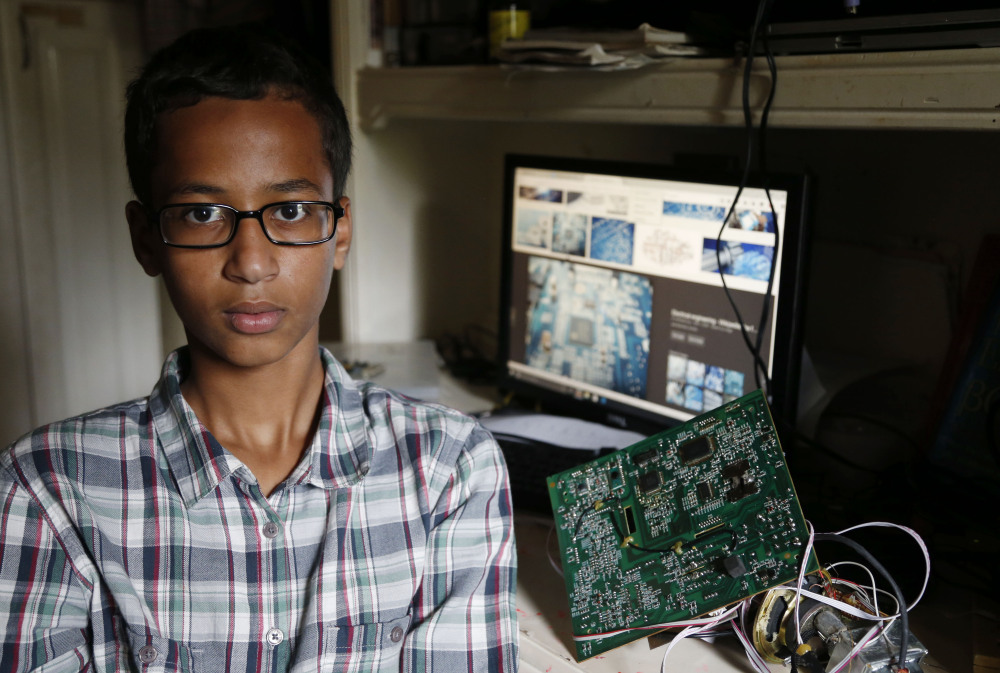 High school student Ahmed Muhamed, 14, poses for a photo at his home in Irving, Texas, on Sept. 15. Ahmed was arrested and interrogated by Irving police officers after he took a homemade clock to school. Police said the device could be mistaken for a fake explosive.