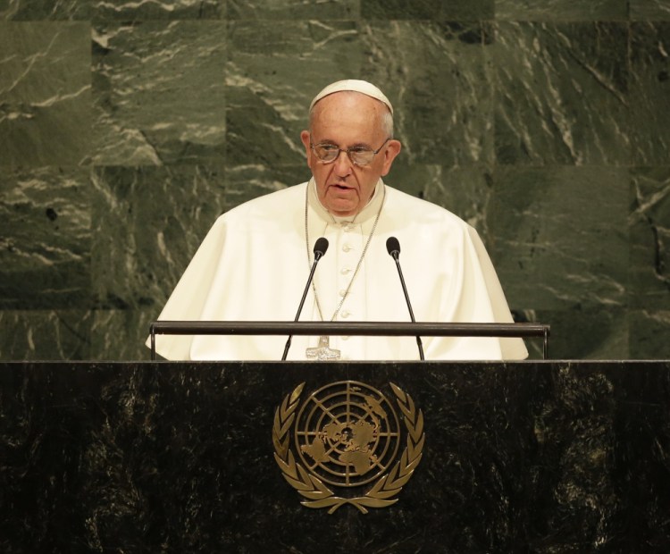 Pope Francis addresses the 70th session of the United Nations General Assembly Friday at United Nations headquarters.