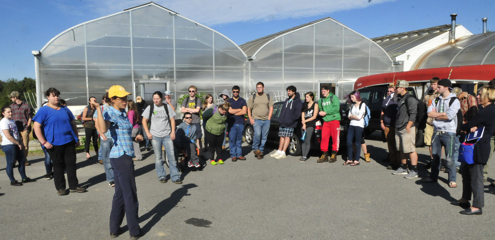 New Unity College students are led on a tour of the McKay Farm Research Station in Thorndike by professor Mary Bulan on Thursday.