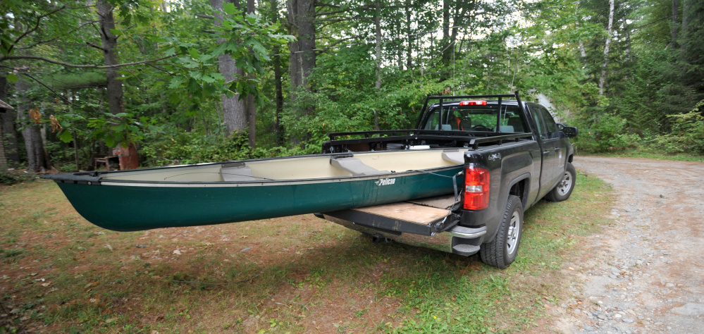 The canoe involved in a fatal accident on Lovejoy Pond in Albion on Friday sits in the back of Maine Warden’s truck.