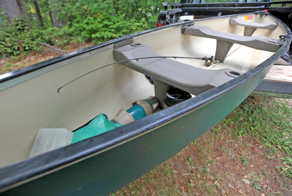 The canoe involved in a death on Lovejoy Pond in Albion on Friday, sits in the back of Maine Warden’s truck.