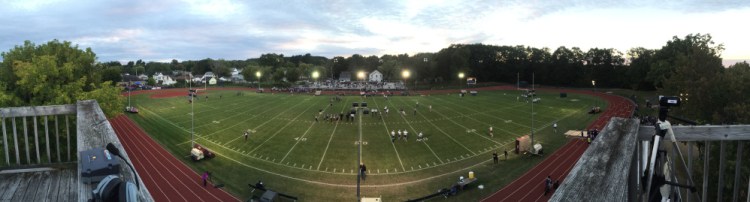 A panoramic view of Drummond Field in Waterville shows some of the 12 light poles that were brought in for a Northern C football game between Waterville and Oceanside. It was the first night game played at Drummond Field.