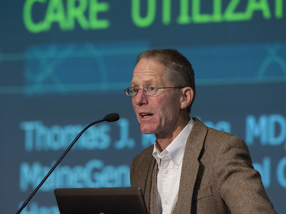Dr. Thomas Keating, of Brunswick, speaks to a group of people about end-of-life care during a public forum at Jewett Auditorium at the University of Maine in Augusta on Sunday.