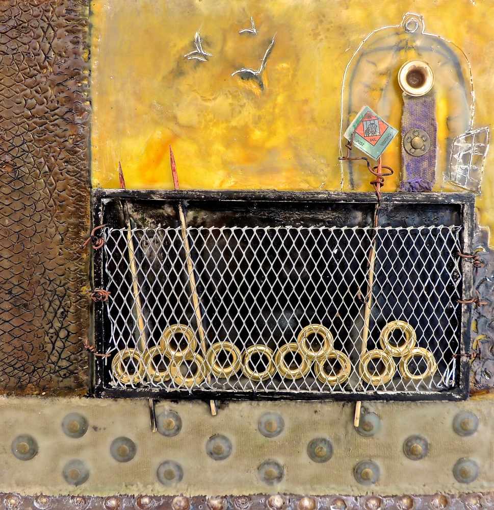 “Ready to Fly the Coop” by Anne Strout of Falmouth, encaustic and mixed media on board