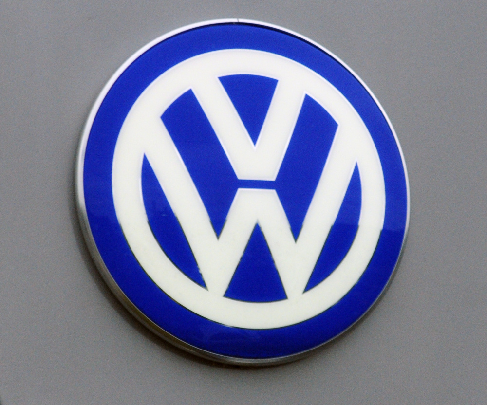 The Volkswagen logo appears Tuesday at O’Connor Volkswagen in Augusta. The dealership’s general manager, Chris Crowell, said the car manufacturer’s stop sale order affects more than half of his inventory.