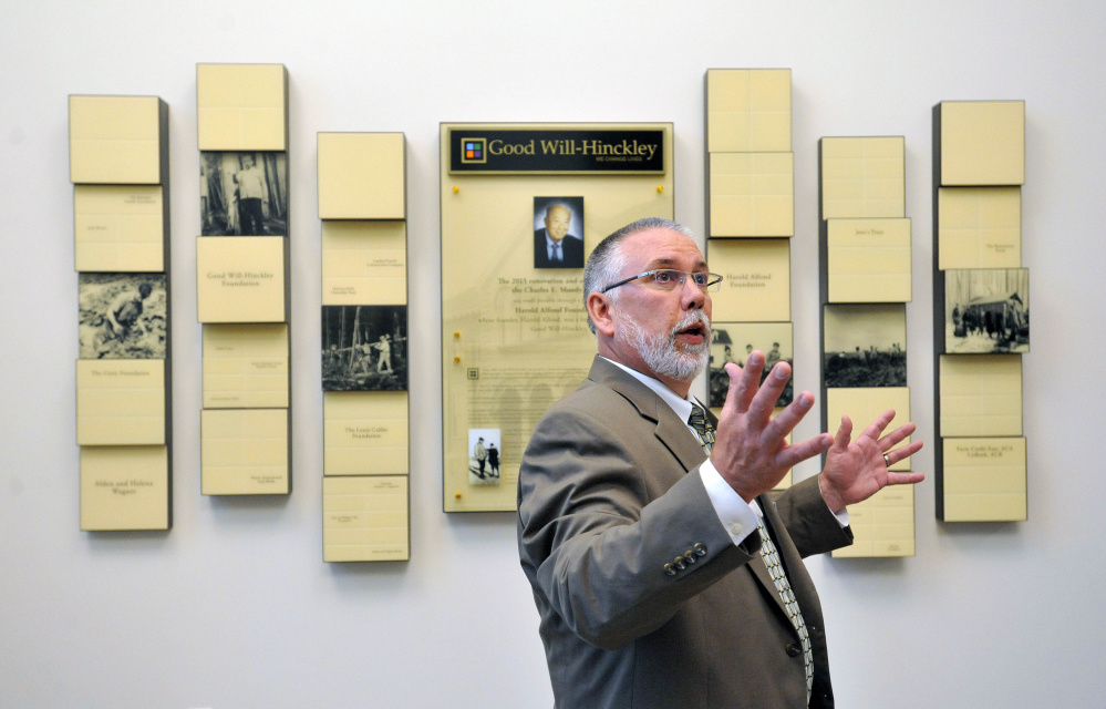 Rob Moody, interim president of Good Will-Hinckley, speaks from the new lobby of the $7 million worth of renovations on the former Moody School at the Good Will-Hinckley campus on Wednesday.
